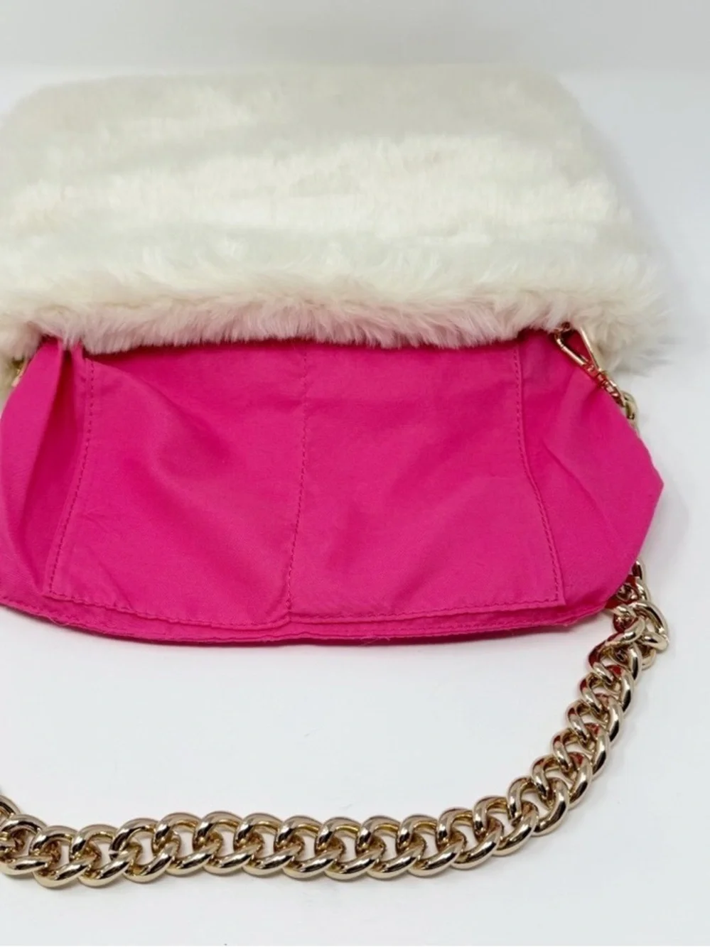 Cream Faux Fur Shoulder Bag with Gold Chain Strap